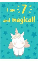 I Am 7 and Magical: Unicorn Journal: Turquoise and Blue Stars Design