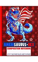 AMERISAURUS-REX Composition Notebook: USA Flag/Patriotic/Dinosaur/8.5x11 A4/Wide Ruled Line Primary Copy Exercise Book/Matte/100 Pages/4th of July/Red Stars Soft Cover/Kids Elementary Sc