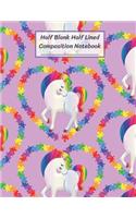 Half Blank Half Lined Composition Notebook: Unicorn Rainbow Jigsaw Heart Pattern, Half Unruled paper Journal, Writing Painting Doodling Drawing,8.5x11",100 Pages, For Kids, Teens.