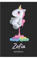 Zofia - Notizbuch: Individuelles personalisiertes Mädchen & Frauen Namen blanko Regenbogen pupsendes Einhorn Notizbuch. Liniert leere Seiten. Ideal als Uni & coole Sch