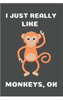 I Just Really Like Monkeys Ok: Cute Monkey Gift Blank Lined Notebook Journal (6x9), 120 Pages