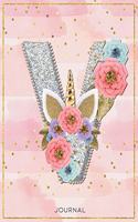 Unicorn Monogram Dot Grid Bullet Journal Notebook - Cute Unicorn Personalized Journal Diary with Dotted Pages for girls and women for writing goals, quotes, and daily tasks - Letter V
