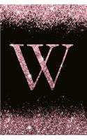 W: Personalized Initial Monogram Blank Lined Notebook Journal Printed Glitter Black and pink, for Women and Girls 6x9 inch. Christmas gift, birthday gi