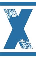 X: Initial X Monogram Notebook Journal Gift Blue Floral design