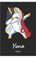 Yuna - Notes: Noms Personnalisé Carnet de notes / Journal pour les filles et les femmes. Licorne qui dab aux cheveux aux couleurs du drapeau français. Accessoires