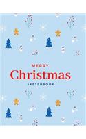 Merry Christmas Sketchbook: A Christmas Themed Large Notebook with 120 Blank Pages, Cartoon Xmas and Winter Images Inside (Minimalistic Cover Design in Light Blue)