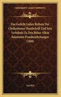 Das Gedicht Galien Rethore Der Cheltenhamer Handschrift Und Sein Verhaltnis Zu Den Bisher Allein Bekannten Prosabearbeitungen (1888)