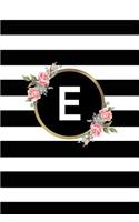 E: Letter E Monogram Personalized Journal, Floral Black & White Stripe Monogrammed Notebook - Blank Lined 6x9 Inch College Ruled 120 Page Perfect Bound
