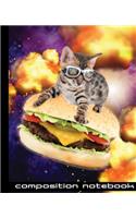 Composition Notebook: Funny Cat Action Hero Surfing on A Cheeseburger in Space 7.5" X 9.25" - 110 Wide Ruled Pages