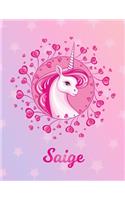 Saige: Unicorn Large Blank Primary Handwriting Learn to Write Practice Paper for Girls - Pink Purple Magical Horse Personalized Letter S Initial Custom Fir