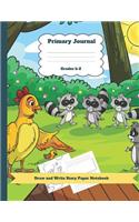 Primary Journal Grades K-2 Draw and Write Story Paper Notebook: Chicken Raccoon Theme Dashed Mid Line and Picture Space Plus Coloring Pages for Boys and Girls