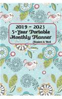 2019 - 2023 5-Year Portable Monthly Planner Flowers & Bird 6x9