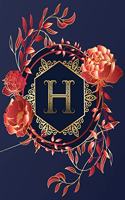 Journal Notebook Initial Letter "H" Monogram: Elegant, Decorative Wide-Ruled Diary. Featuring Unique Red/Peach Roses & leaf design, Navy Blue Background and Gold Hexagonal Frame around a Scroll 