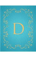 D: Modern, stylish, capital letter monogram ruled notebook with gold leaf decorative border and baby blue leather effect. Pretty and cute with a design