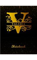 Valeria Notebook: Letter V Personalized First Name Personal Writing Notepad Journal Black Gold Glitter Pattern Effect Cover Wide Ruled Lined Paper for Journalists & W