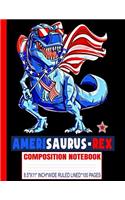 AMERISAURUS-REX Composition Notebook: USA Flag/Patriotic/Dinosaur/8.5x11 A4/Wide Ruled Line Primary Copy Exercise Book/Matte/100 Pages/4th of July/Black Soft Cover/Kids Elementary School