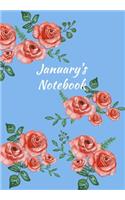 January's Notebook: Personalized Journal - Garden Flowers Pattern. Red Rose Blooms on Baby Blue Cover. Dot Grid Notebook for Notes, Journaling. Floral Watercolor Design