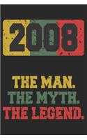 2008 The Legend: Blank Lined Journal, Happy Birthday Notebook, Logbook, Diary, Perfect Gift For 11 Year Old Boys And Girls