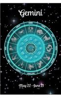 Zodiac Undated Weekly Planner - Gemini May 22 - June 21: Teal Zodiac Wheel on Black Starry Sky Cover Personalized Organizer Calendar with Pages for Contacts and Notes