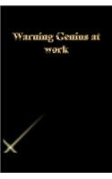 Warning Genius at work: Lined Journal.Gold letters.Black cover