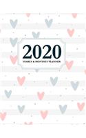 2020 Yearly and Monthly Planner: Calendar Schedule & Agenda - Jan 2020 Through Dec 2020 Organizer - Cute Hearts