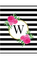 Black and White Striped Pink Floral Monogram Journal with Letter W