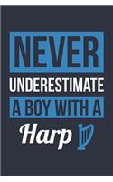 Funny Harp Notebook - Never Underestimate A Boy With A Harp - Gift for Harp Player - Harp Diary: Medium College-Ruled Journey Diary, 110 page, Lined, 6x9 (15.2 x 22.9 cm)