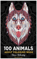 100 animals .Adult Coloring Book . stress relieving