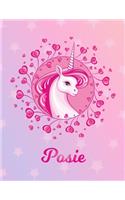 Posie: Unicorn Large Blank Primary Handwriting Learn to Write Practice Paper for Girls - Pink Purple Magical Horse Personalized Letter P Initial Custom Fir