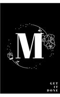 Simple Black Initial Letter M Notebook with Rose Floral Journal for Women, Girls Birthday Gift and School
