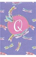 Q: Dragonfly Journal, personalized monogram initial Q blank lined notebook - Decorated interior pages with dragonflies