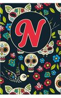 N: Letter N Journal, Day of the Dead 1, Personalized Notebook Monogram Initial, 6 X 9
