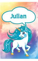 Julian: Personalized Unicorn Blood Sugar Diet Diary Journal Log Notebook Featuring 120 Pages 6x9