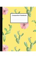 Composition Notebook: Cute Cactus Watercolor Yellow Colour Pattern, 110 Pages 7.5"x9.25" College Wide Ruled Paper Notebook Journal, Blank Lined Workbook for Teens Kids St