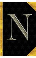 N: Black with Gold Classic Vintage theme - Personalized College Lined Notebook Journal - Diary & Note Taking -Initial Monogram Glitters Letter Star Emb
