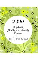 2020 - 12 Month Monthly - Weekly Planner - Jan. 1 - Dec. 31, 2020: Monthly Calendar View - 8x10 - Weekly Spread - Delicate Floral Pattern In Shades Of Green