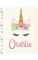 Charlie: Personalized Unicorn Primary Handwriting Notebook For Girls With Pink Name - Dotted Midline Handwriting Practice Paper - Kindergarten to Early Child