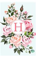 H: 110 College-Ruled Pages - Monogram Journal and Notebook with a Classic Light Blue Background and Full Rose Buds Design - Personalized Initial Letter