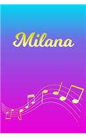 Milana: Sheet Music Note Manuscript Notebook Paper - Pink Blue Gold Personalized Letter M Initial Custom First Name Cover - Musician Composer Instrument Com