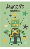 Jayden's Notebook: Cool Personalised Robot Illustration 6x9 Lined Notebook for Boys, 120 Pages