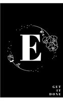 Simple Black Initial Letter E Notebook with Rose Floral Journal for Women, Girls Birthday Gift and School