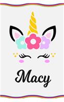 Macy: Personal Notebook Personal Diary Unicorn Notebook Personalized Journal Customized Journal Unicorn Lover Personal Name Notebook