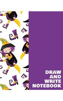Draw and Write Notebook: Large Primary Composition Book for Handwriting Practice, Drawing, and Writing Stories with Cute Flying Witch Cartoon Pattern in Purple