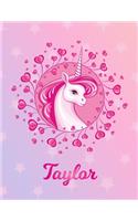 Taylor: Unicorn Large Blank Primary Handwriting Learn to Write Practice Paper for Girls - Pink Purple Magical Horse Personalized Letter T Initial Custom Fir