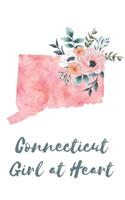 Connecticut Girl at Heart: Pink Watercolor State Outline with Pretty Flowers Detail Blank Lined Journal