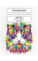 Composition Book: Colorful Abstract Cat Design, Wide Ruled School Notebook, 100 pages, 7.44"x9.69"