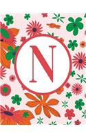 N: Blank Line Monogram Initial Pink Floral Notebook (8.5 X 11 - 110 Pages)