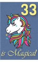 33 Is Magical - Birthday Unicorn Lined Journal: A Fun Book to Celebrate Your Age