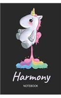 Harmony - Notebook: Blank Lined Personalized & Customized Name Rainbow Farting Unicorn School Notebook / Journal for Girls & Women. Funny Unicorn Desk Accessories for K