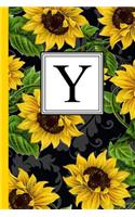 Y: Floral Letter Y Monogram Personalized Journal, Black & Yellow Sunflower Pattern Monogrammed Notebook, Lined 6x9 Inch College Ruled 120 Page Perfect 